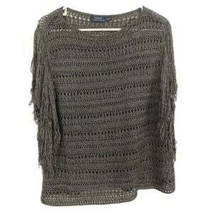 Polo Ralph Lauren Sweater Women M Gray Open Knit Crochet Fringe Boho EUC